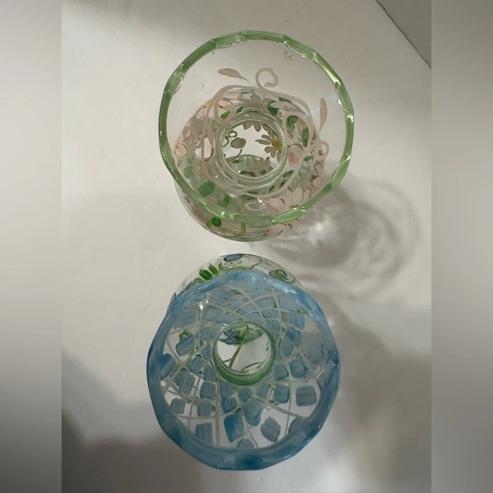 Vintage Tracy Porter boho hand painted floral design set of 2 glass bud vases